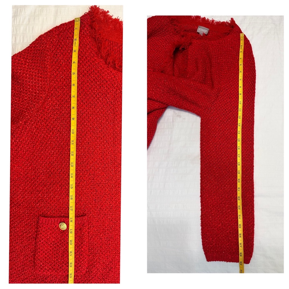 Chico’s Sparkle Fringe-Trim Red Cardigan/Boucle Sweater Size 3 - Picture 8 of 10